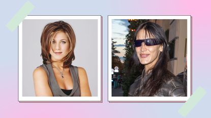 (R) Jennifer Aniston as 'Rachel Green' from Friends in a template side by side with Model, Bella Hadid smiling when pictured in NYC 2022