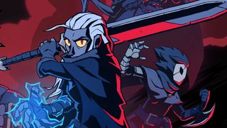 Absolum key art showing a grey-blue character with white hair swinging a sword over their shoulder, another masked character is visible in the background with fists raised