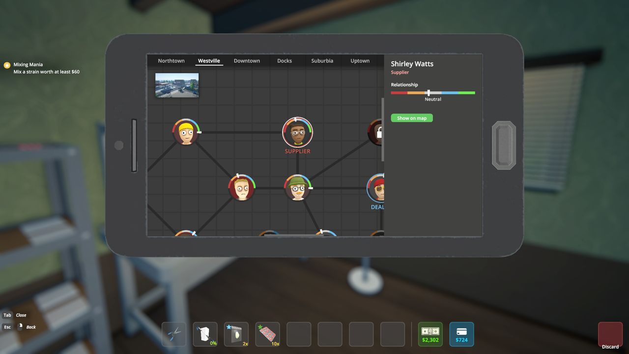 Schedule 1 pseudo - The connections page showing the relations between characters, highlighting supplier Shirley Watts.