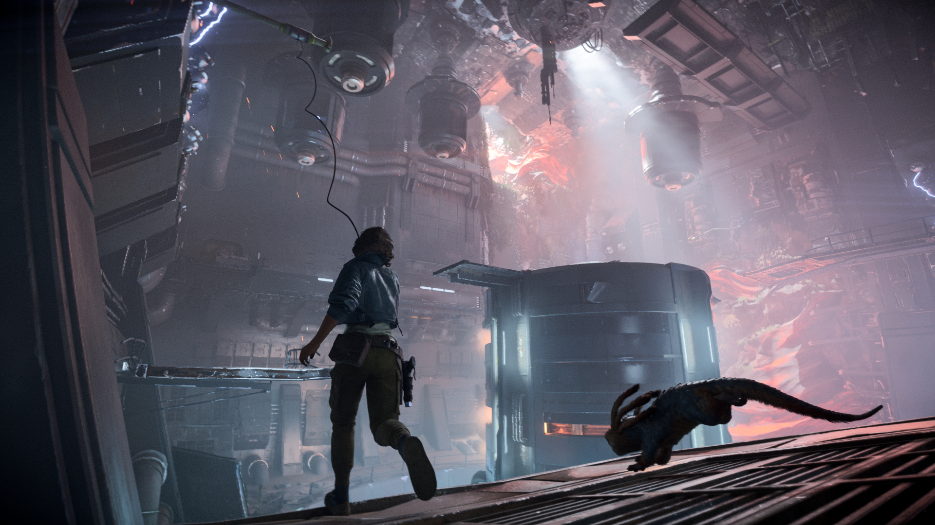 Screenshot from Star Wars Outlaws showing Kay and Nix in near a reactor.