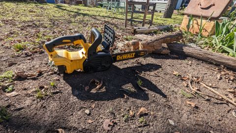 DeWalt 20V MAX XR DCCS620P1 12 in. Battery Chainsaw in a garden setting on the ground