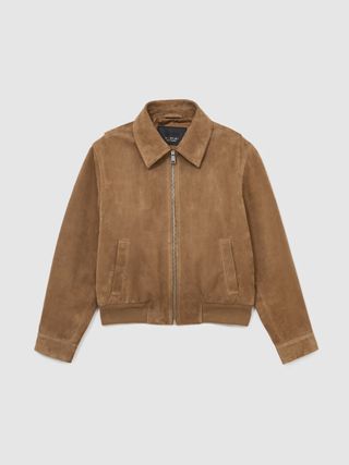 Suede Zip Through Bomber Jacket in Tan