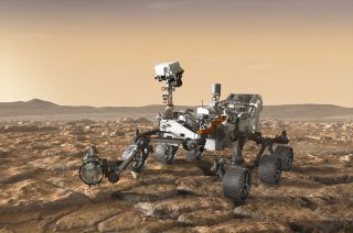 Artist's concept of the SHERLOC instrument (circled) located on the end of the robotic arm of NASA's Perseverance Mars rover.