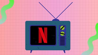 Netflix logo on an illustrated TV on a pink background