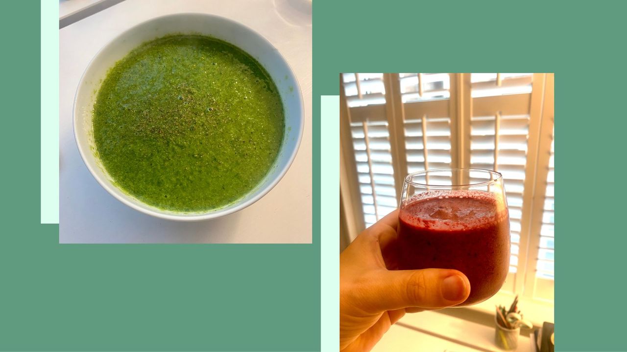 Jennifer Kyte&#039;s green soup and berry smoothie with chia seeds sitting on table, representing how to get more fibre in your diet