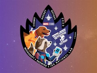 A mission patch representing Microsoft and Redwire's partnership features Rocket and Cosmos from the new film, "The Guardians of the Galaxy, Vol. 3," opening in theaters on May 5, 2023.