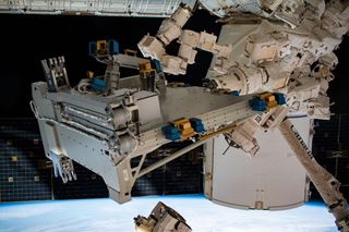Bartolomeo in the parking position below the Destiny module on the International Space Station (ISS). The European external platform Bartolomeo is an enhancement of the International Space Station (ISS) European Columbus Module and its infrastructure.