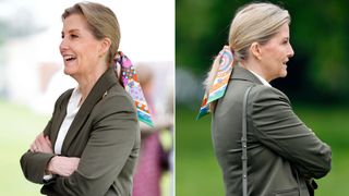 Composite of the Duchess of Edinburgh wearing a scarf in her hair at the Royal Windsor Horse Show 2024