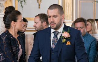 A nervous Aidan with sister Kate Connor [FAYE BROOKES] waits for Eva, praying that she will turn up