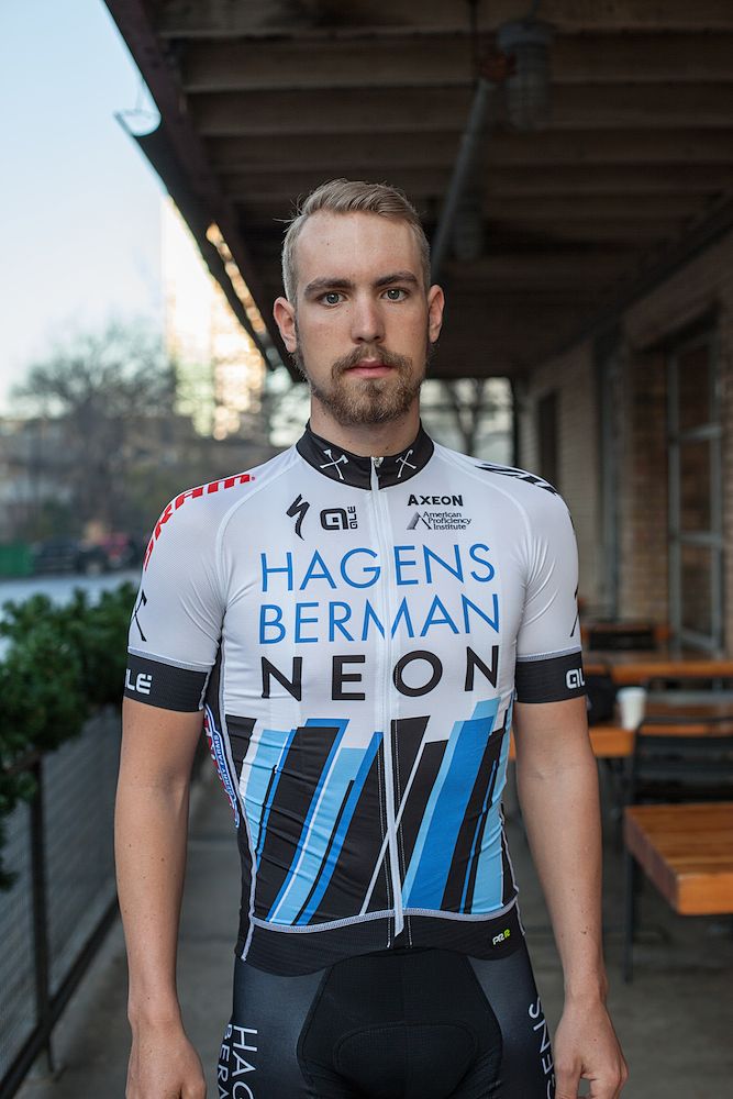 Jonny Brown shows off the 2016 Axeon Hagens Berman kit by Al&eacute;