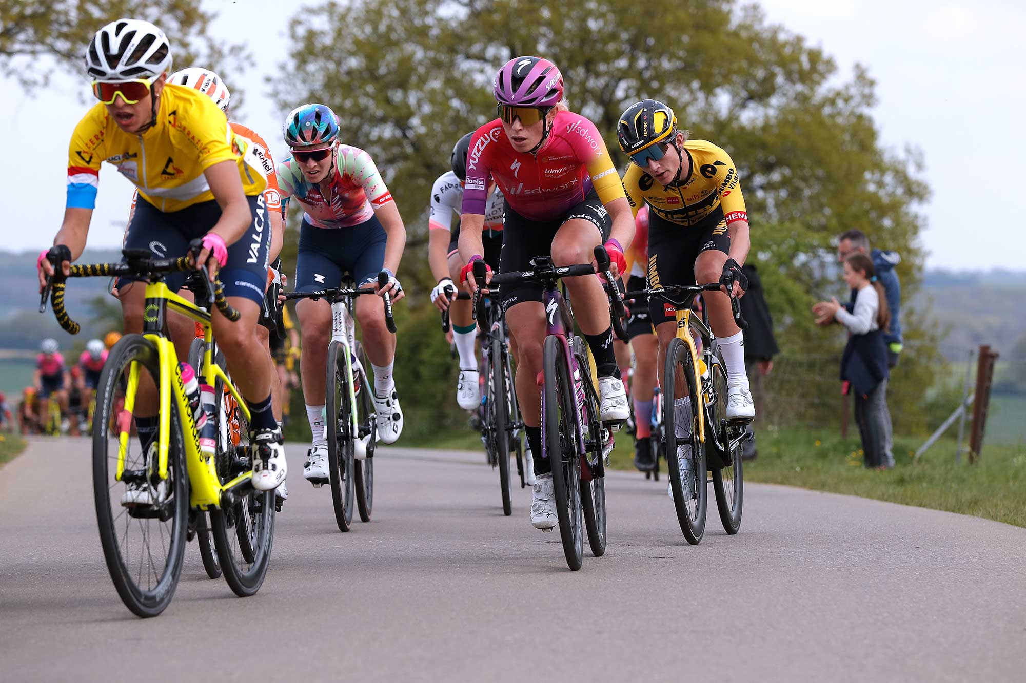 GARNICH LUXEMBOURG MAY 01 LR Silvia Persico of Italy and Team Valcar Travel Service Yellow Leader Jersey and Demi Vollering of Netherlands and Team SD Worx compete during the 14th Ceratizit Festival Elsy Jacobs 2022 Stage 2 a 1093km stage from Garnich to Garnich felsy on May 01 2022 in Garnich Luxembourg Photo by Bas CzerwinskiGetty Images