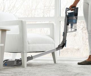 Shark vertex cordless on carpet vacuuming under a chair