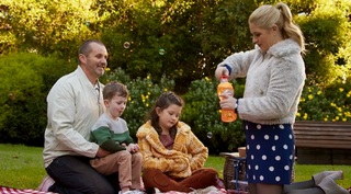 Toadie Rebecchi and Rose Walker with kids Nell and Hugo in Neighbours.