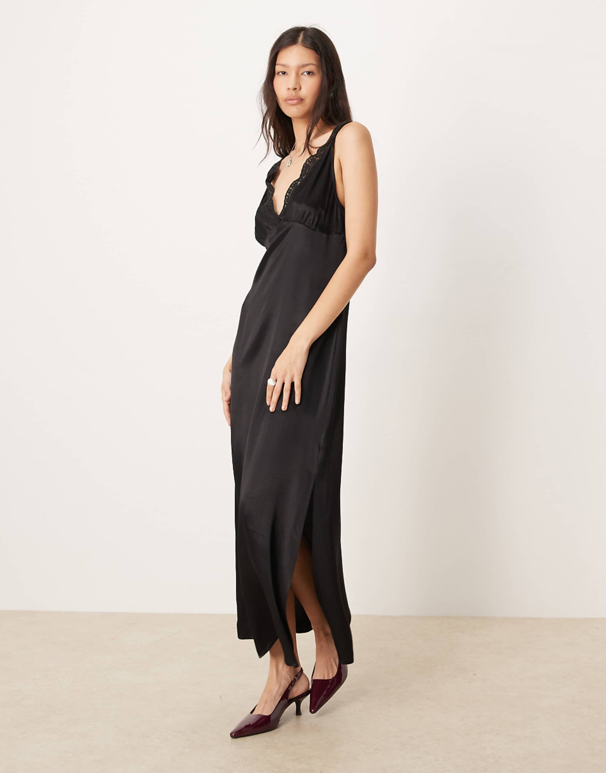 Asos Design V Neck Lace Detail Slip Satin Midi Dress in Black