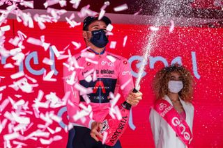 Filippo Ganna wears the pink jersey after winning stage one of the Giro d'Italia 2021