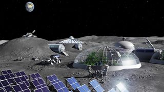 astronauts in bulky spacesuits walk on a dusty grey surface alongside arrays of square solar panels and glass domed habitats. earth can be seen in a black, starry sky overhead