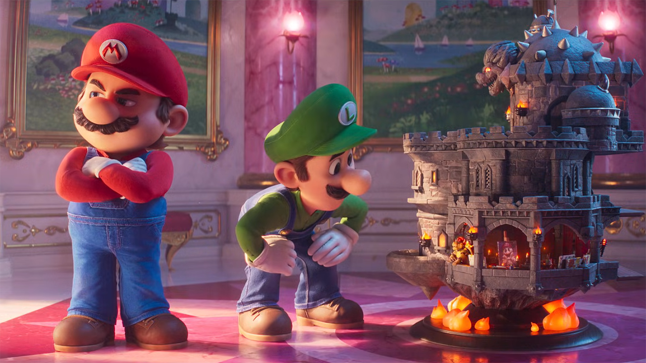 Mario looking away with his arms folded as Luigi looks at a miniaturized Bowser in The Super Mario Galaxy Movie