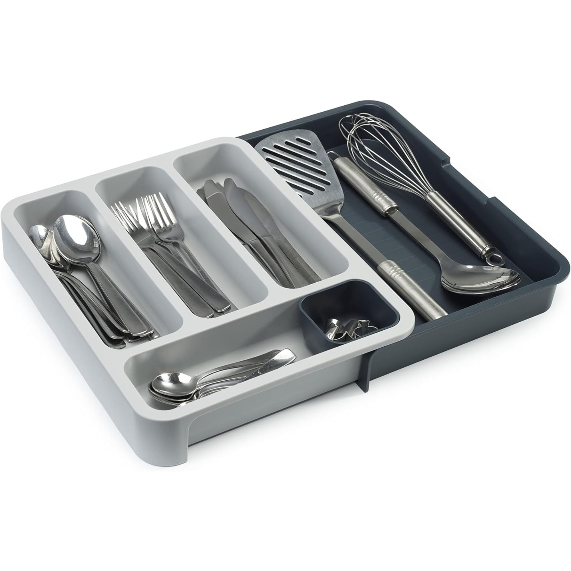 A grey and blue cutlery drawer organizer filled with cutlery and utensils