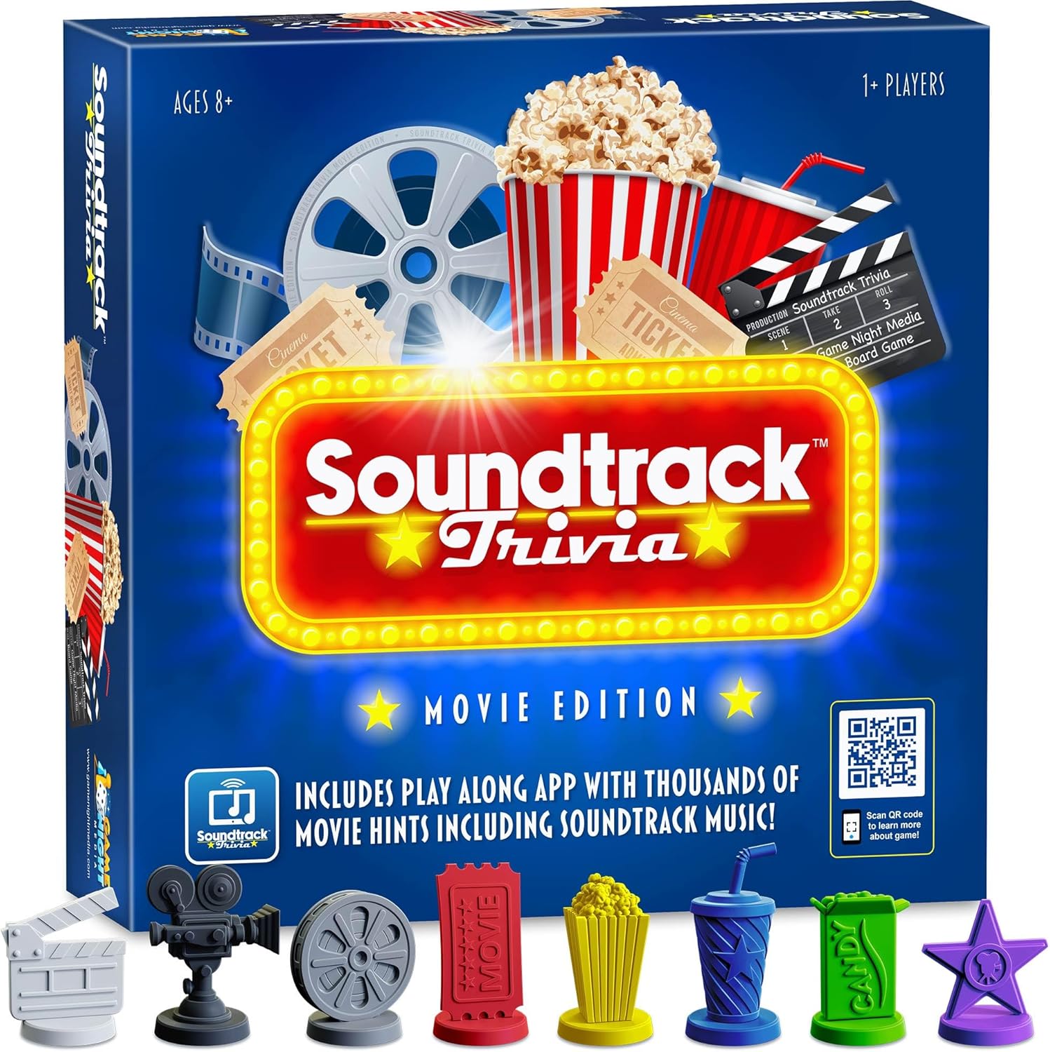 The packaging for Soundtrack Trivia Movie Game with pieces in front. 