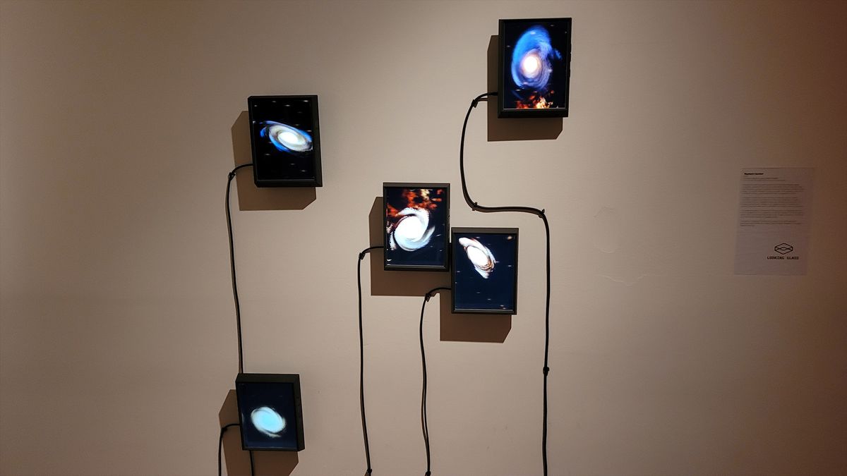 "Stephan's Quintet" hologram artwork on display at Ashley Zelinkskie's "Unfolding the Universe: First Light" exhibit.