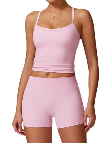 Qbgjtd Two Piece Workout Sets for Women Straps Cross Back Tank Top Matching High Waist Booty Lifting Biker Shorts 2 Piece Gym Yoga Active Wear Outfits Womens Athletic Work Out Clothes Pink S