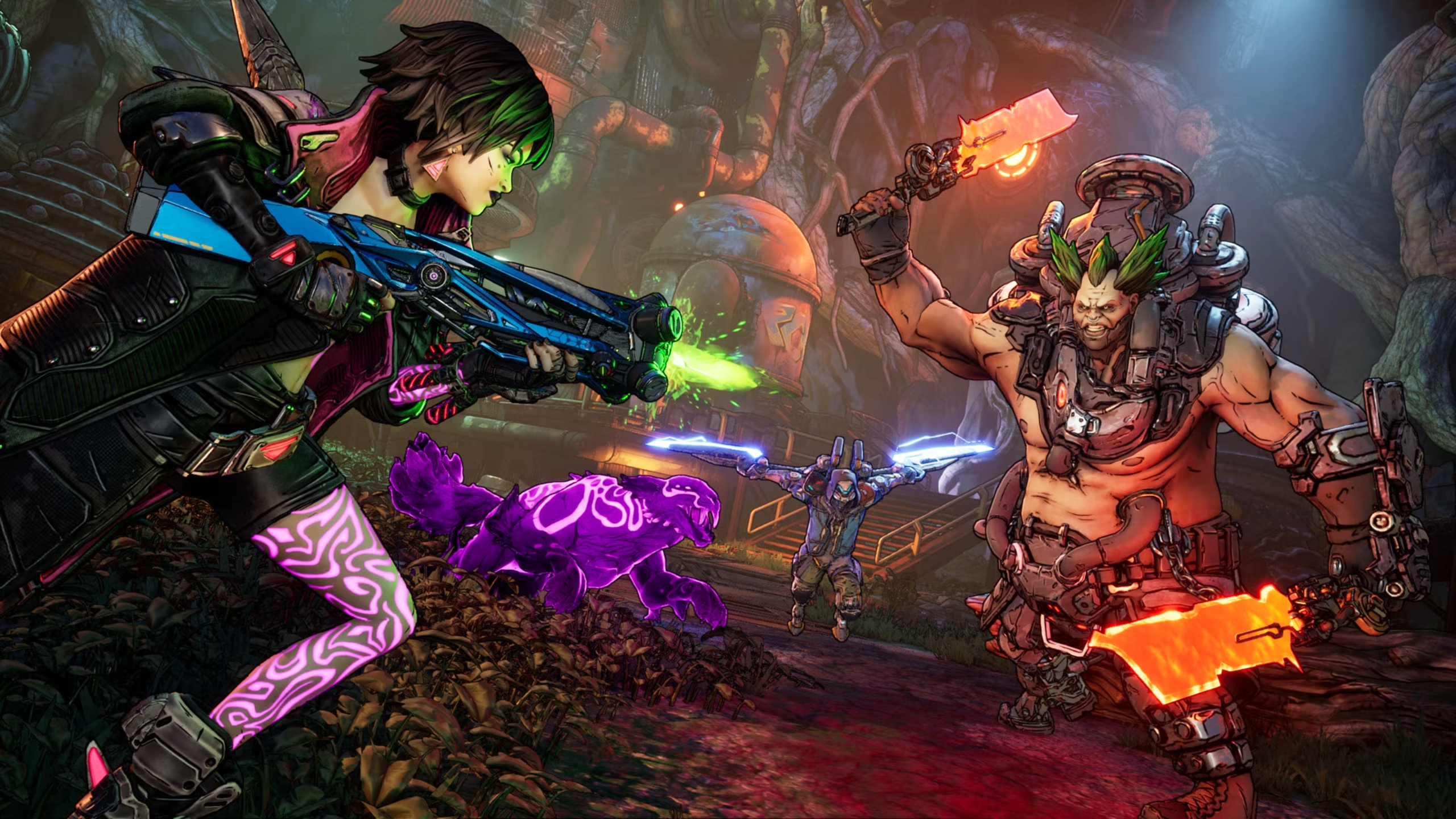 Borderlands 4 respec: Vex running towards a large Ripper while firing a corrosive weapon. Vex&#039;s summon Trouble and Rafa are also running towards the enemy in the background.
