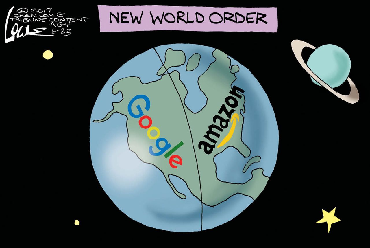 Political cartoon U.S. Google Amazon technology world order