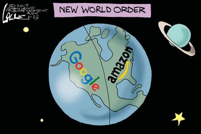 Political cartoon U.S. Google Amazon technology world order