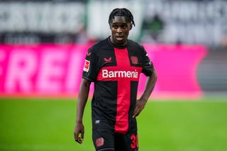 Chelsea target Jeremie Frimpong of Bayer 04 Leverkusen looks on during the Bundesliga match between Borussia Monchengladbach and Bayer 04 Leverkusen at the Borussia-Park on August 26, 2023 in Moenchengladbach, Germany (Photo by Rene Nijhuis/BSR Agency/Getty Images)