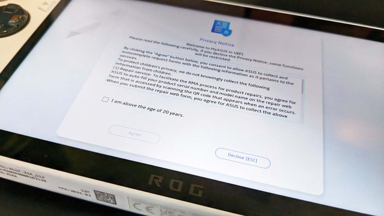 ROG Ally SSD upgrade: Confirm your age and select Agree.