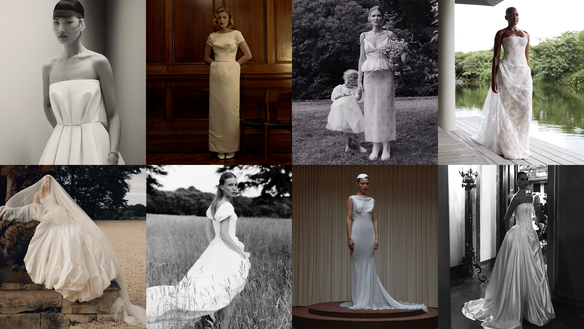 A collage of bridal dresses from bridal fashion week fall 2026.