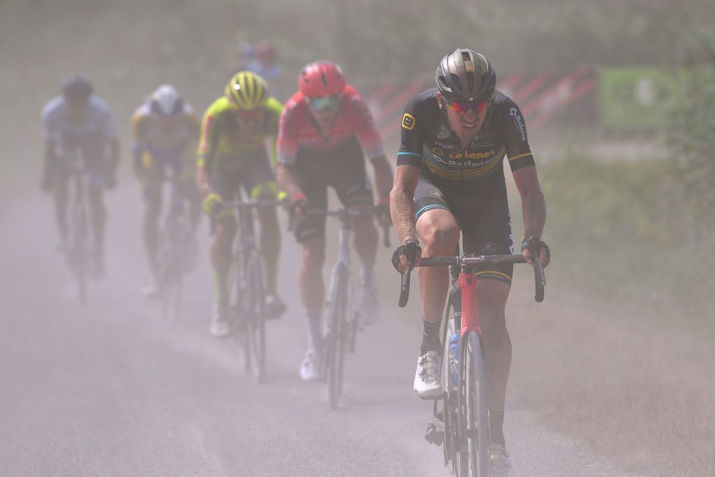 DIEST BELGIUM AUGUST 15 Toon Aerts of Belgium and Team Telenet Lions Dust Gravel Strokes during the 17th Dwars door het Hageland 2020 a 187km race from Aarschot to Diest DwarsdhHageland DDHH20 on August 15 2020 in Diest Belgium Photo by Luc ClaessenGetty Images