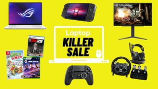 Killer sale logo with laptop, monitor, handheld, controller, driving wheel, gaming headset, and three video games against a yellow background