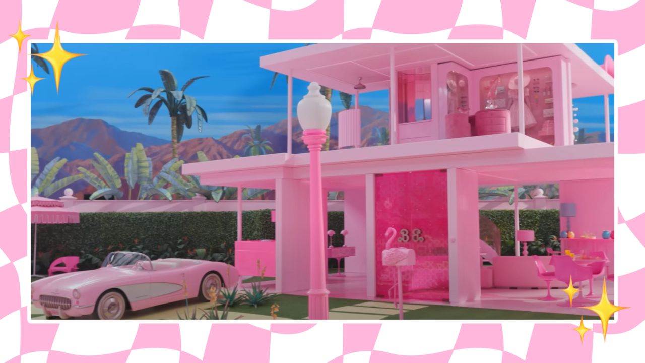 Pink barbie Dreamhouse on pink checkered background