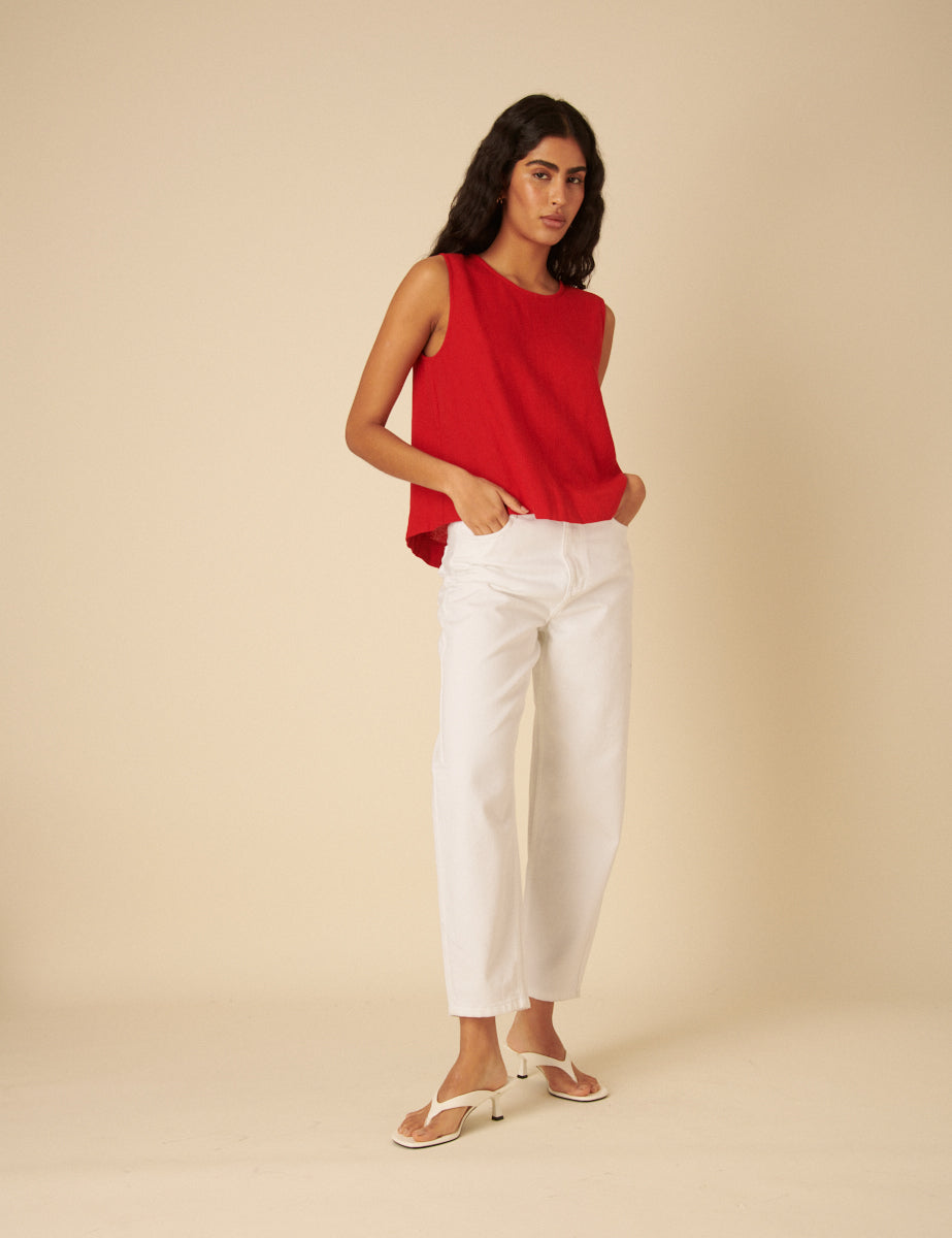 Red Linen-Blend Swing Top