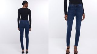 composite of model wearing River Island Blue Molly Mid Rise Bum Sculpt Skinny Jeans from the front and back