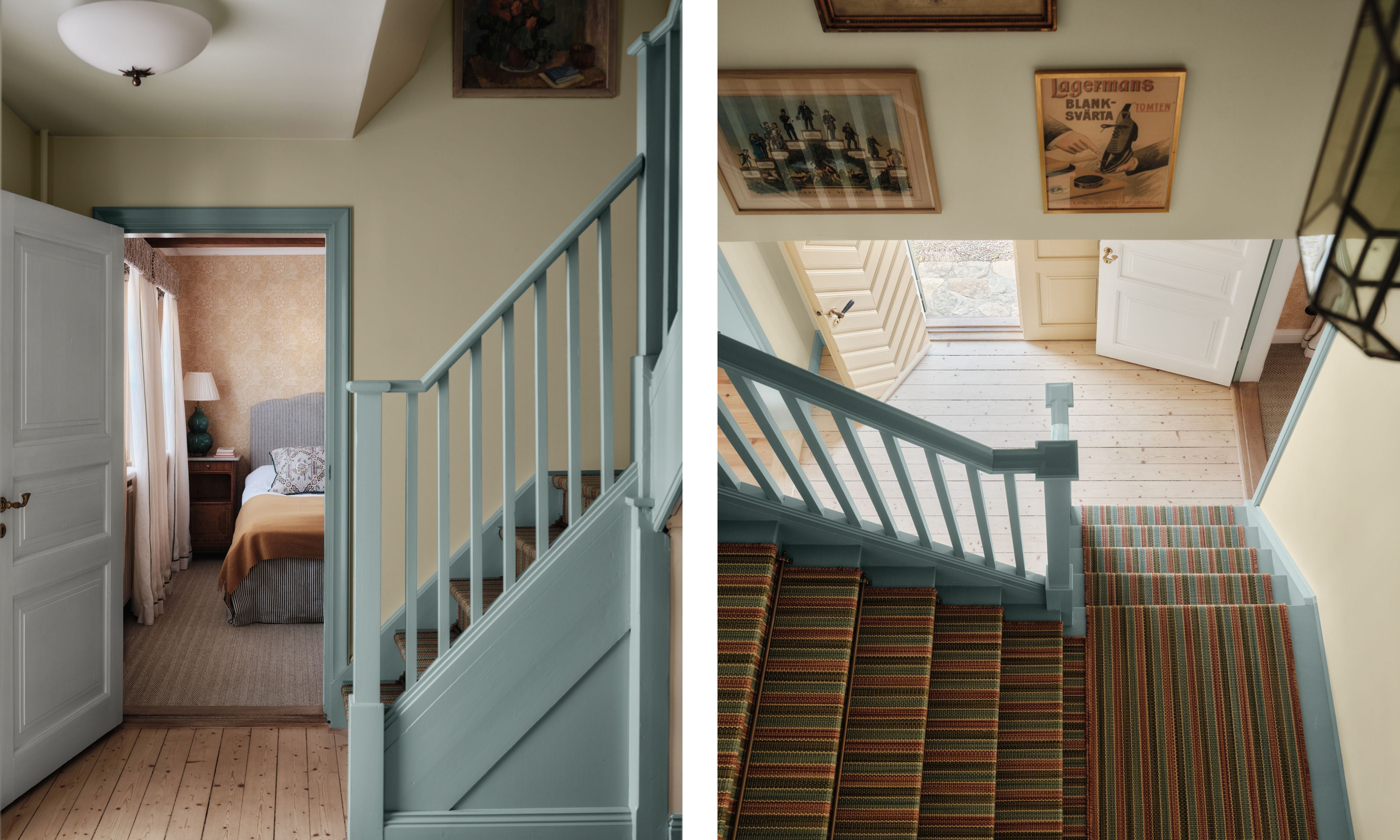 Two side by side images of a staircase and hallway. The walls are painted in a pale cream and the stairs in a pale blue, the runner is multi-colored stripes