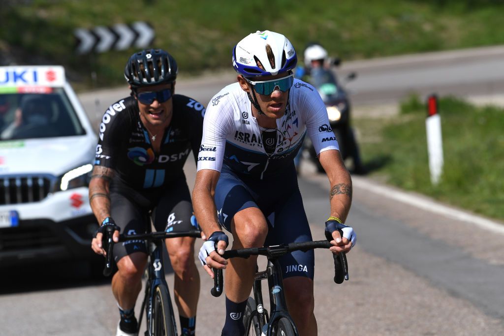 RIVA DEL GARDA ITALY APRIL 23 Nicholas Roche of Ireland and Team DSM Alessandro De Marchi of Italy and Team Israel StartUp Nation in the Breakaway during the 44th Tour of the Alps 2021 Stage 5 a 1209km stage from Valle del Chiese Idroland to Riva del Garda TourofTheAlps TouroftheAlps on April 23 2021 in Riva del Garda Italy Photo by Tim de WaeleGetty Images
