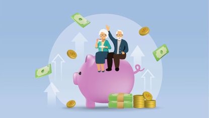 A couple sitting on top of a large piggy bank