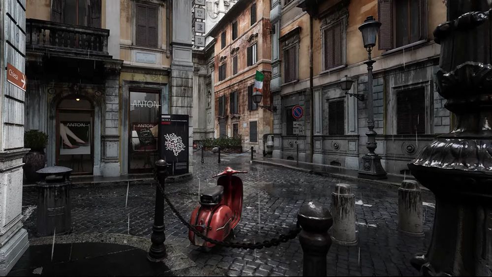 Unreal Engine 5.4 graphics demo showing a Vespa in what looks like an Italian city