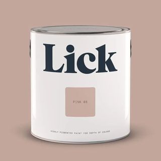 plaster pink background with pot of paint in white tin from Lick