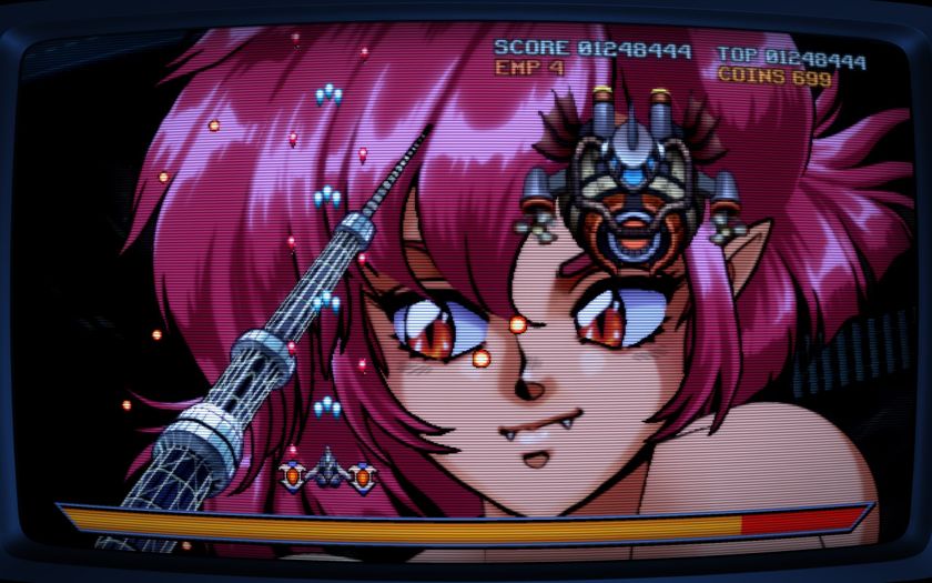 Spaceships do battle while a giantess with pointy teeth watches