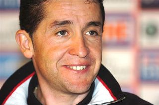 Carlos Sastre (Cervelo TestTeam) smiles during questioning at the press conference.
