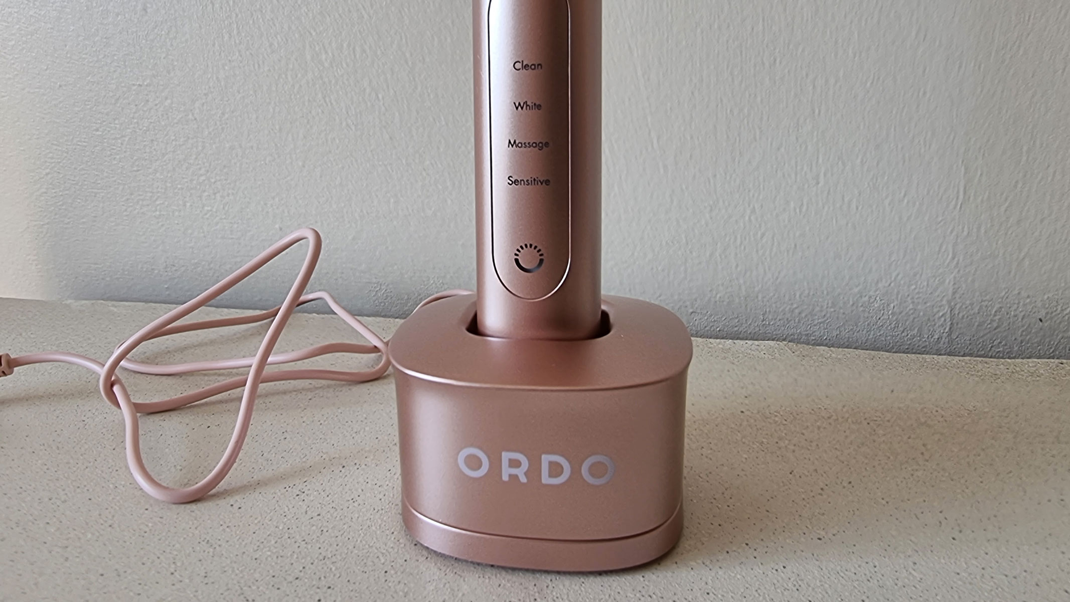 Ordo Sonic+ electric toothbrush, a close-up photo of the charger