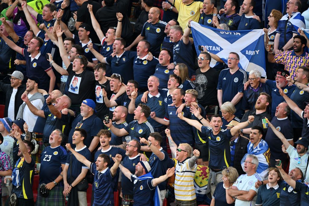 Fans of Scotland show their support prior to the UEFA EURO 2024 group stage match between Scotland and Switzerland at Cologne Stadium on June 19, 2024 in Cologne, Germany. (