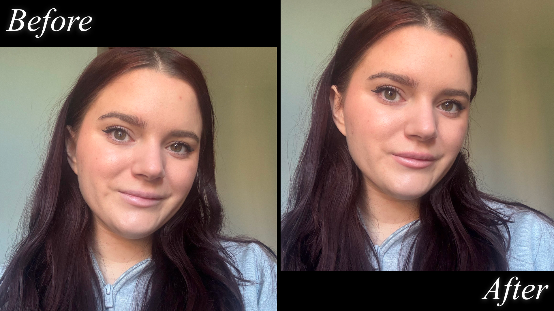 Split image of Brooke Knappenberger testing Merit Beauty Signature Lip Liner in Beverly Hills with before and after text on black background