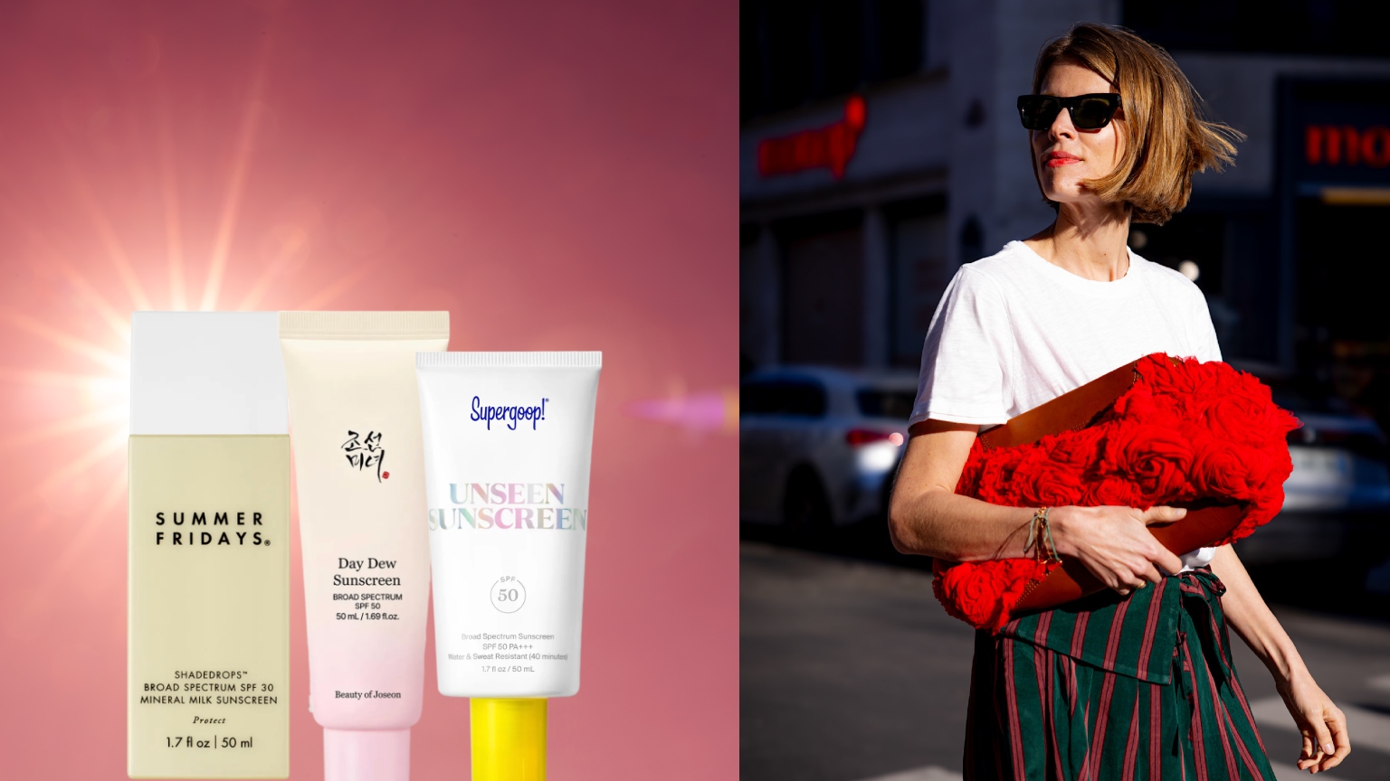 a woman in a white t-shirt with a red bag next to a pink background with sunshine and three bottles of sunscreen