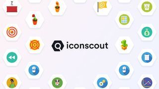 Iconscout logo surrounded by an array of icons, including a money bag and a target board