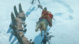 Diablo 4 Sorcerer riding horse near skeletal barricade