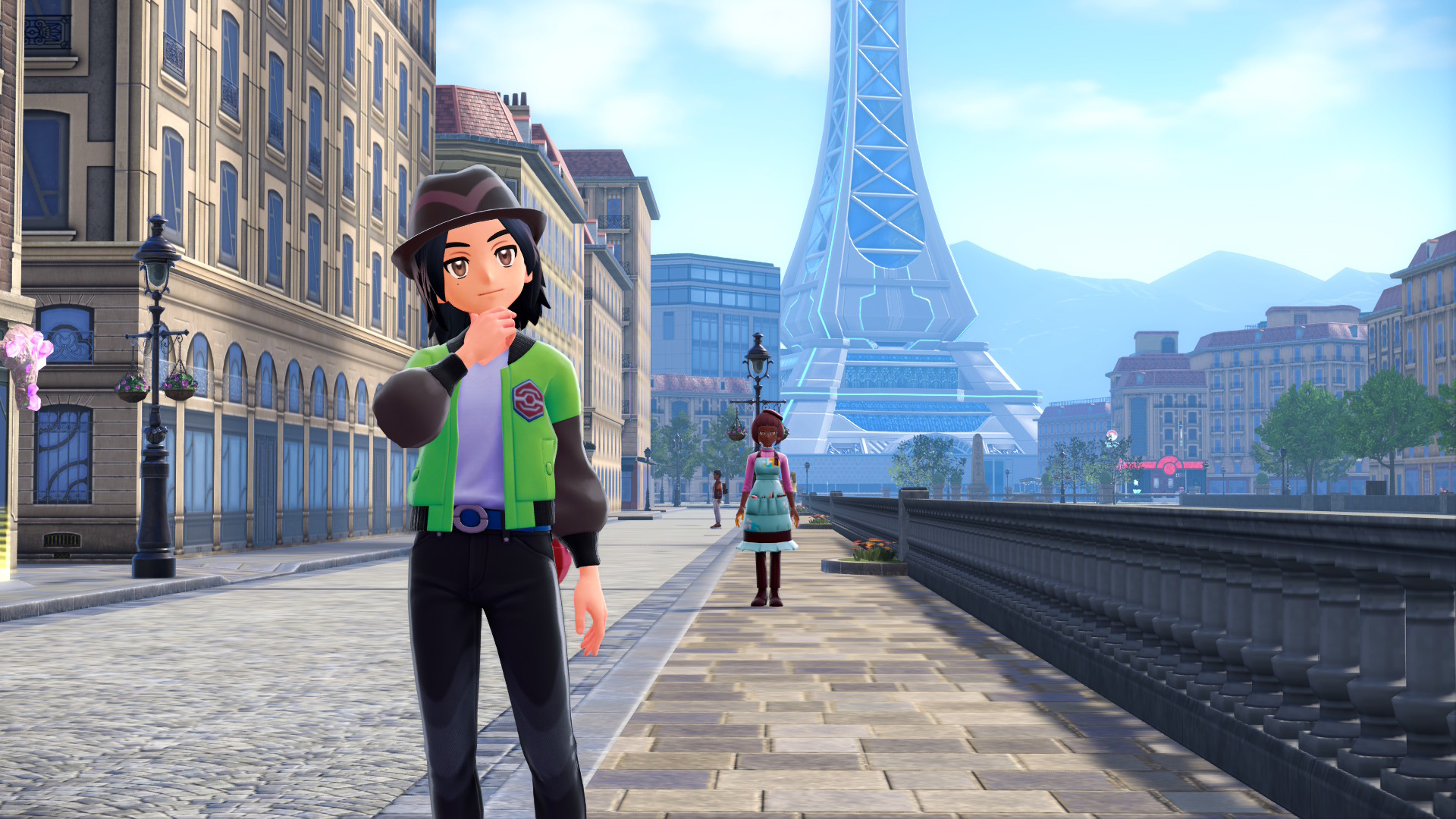 A Pokemon trainer posing for a photo in front of Lumiose City's tower in Pokemon Legends Z-A